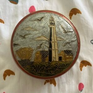 Vintage Lighthouse Round brass Trinket Tin - Gold & Silver Detailing